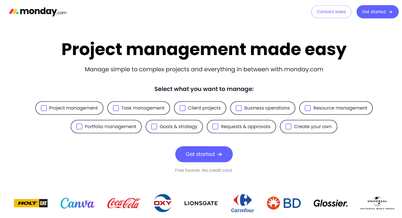 Monday.com project management landing page with hero section and clear value proposition